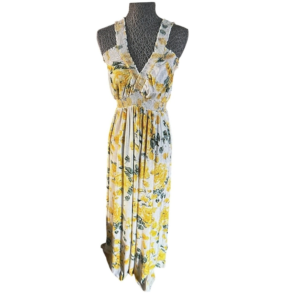 AX Paris Womens Yellow Floral V-Neck Smocked Empire Waist Maxi Dress UK 14 US 10